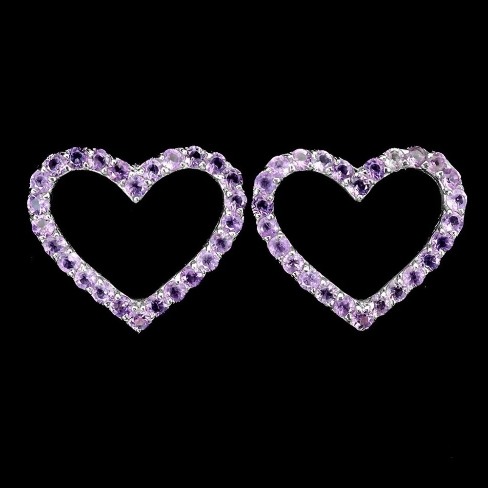 Elegant Natural Purple Amethyst Heart Earrings in 925 Sterling Silver.